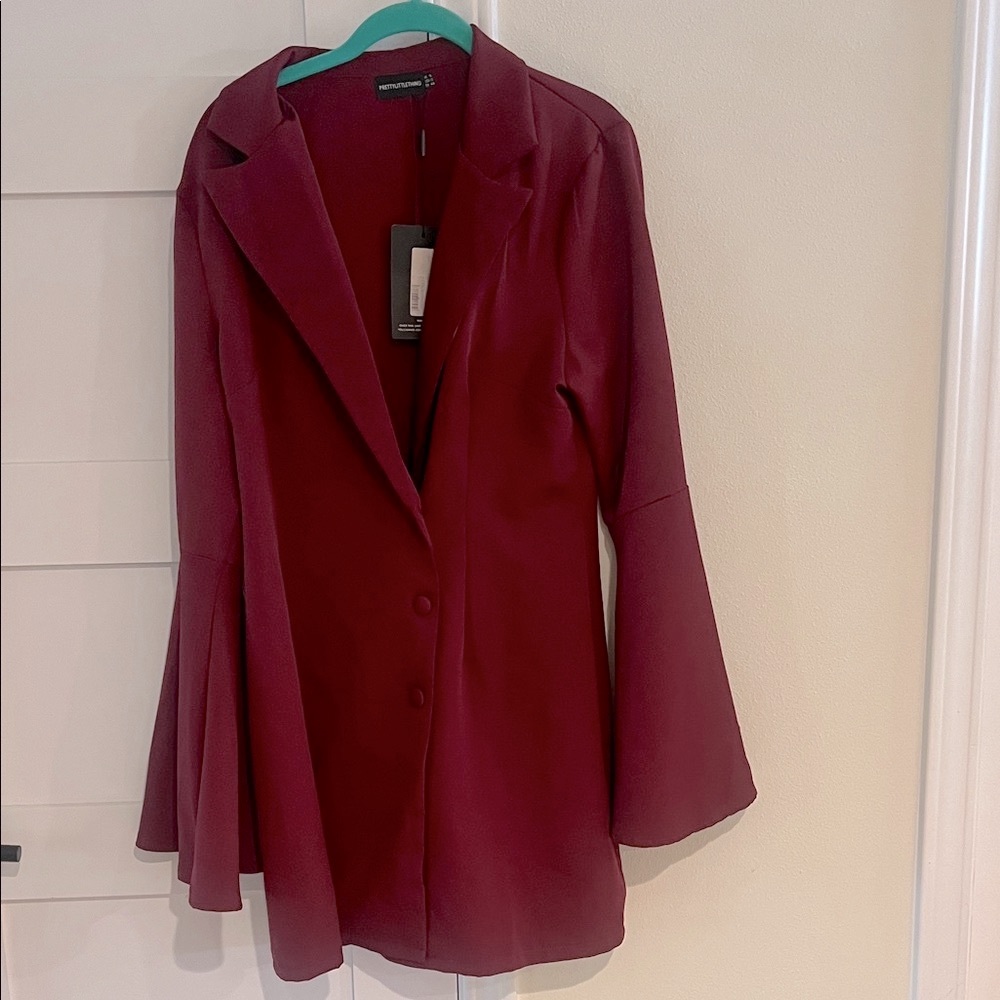 PrettyLittleThing Maroon Dark Red Long sleeve V Neck Blazer Dress Size 12 NWT